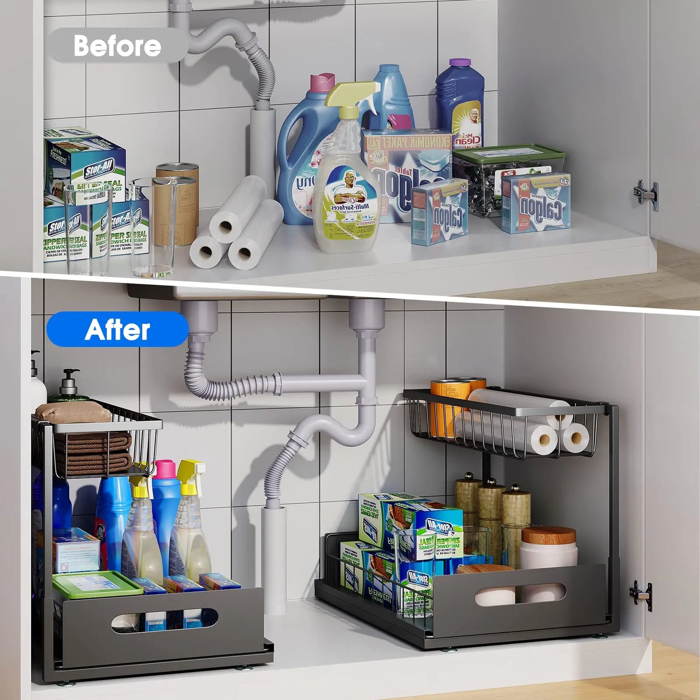 Space Saving 2 Tier Under Sink Storage Cabinet