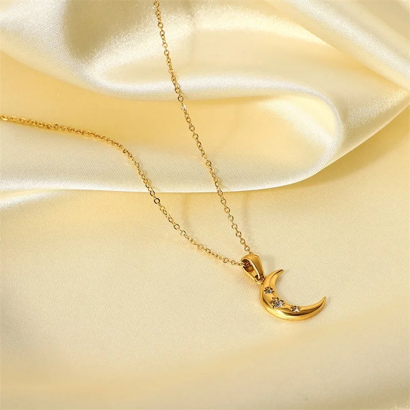 Elegant Silver Crystal Half Moon Necklace