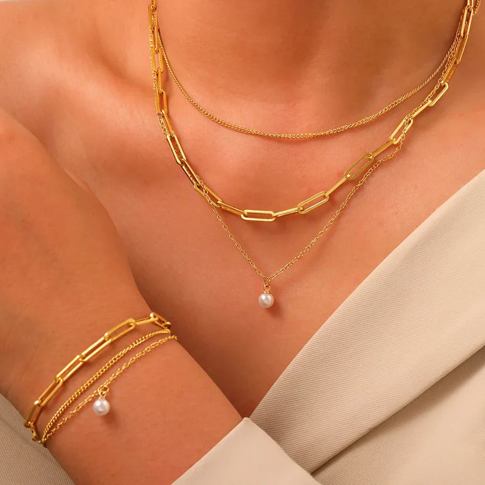 Elegant Multi Layer Pearl Chain Necklace Set