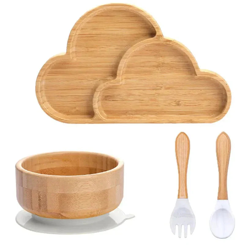 Natural Bamboo Baby Tableware Set with Suction Base