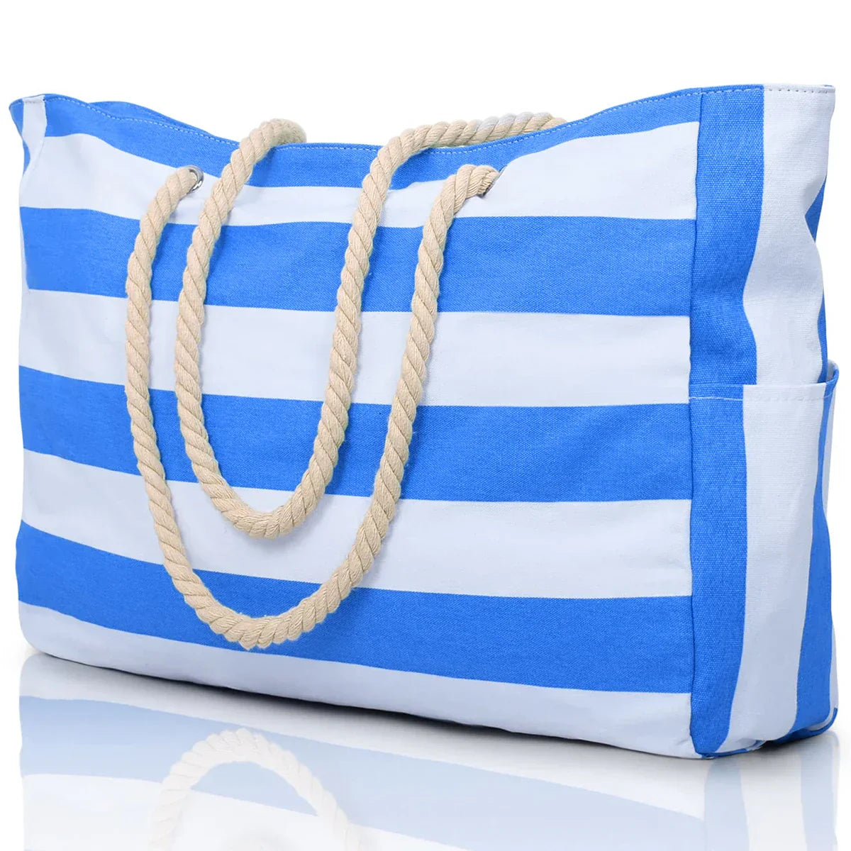 Portable Striped Tote Beach Bag with Zipper Closure
