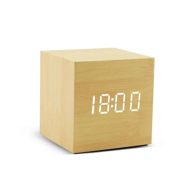 Compact Wooden LED Alarm Clock with Temp Display