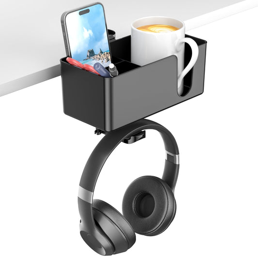 Adjustable Desk Accessory - Clamp On Headset & Cup Holder - Luxicro
