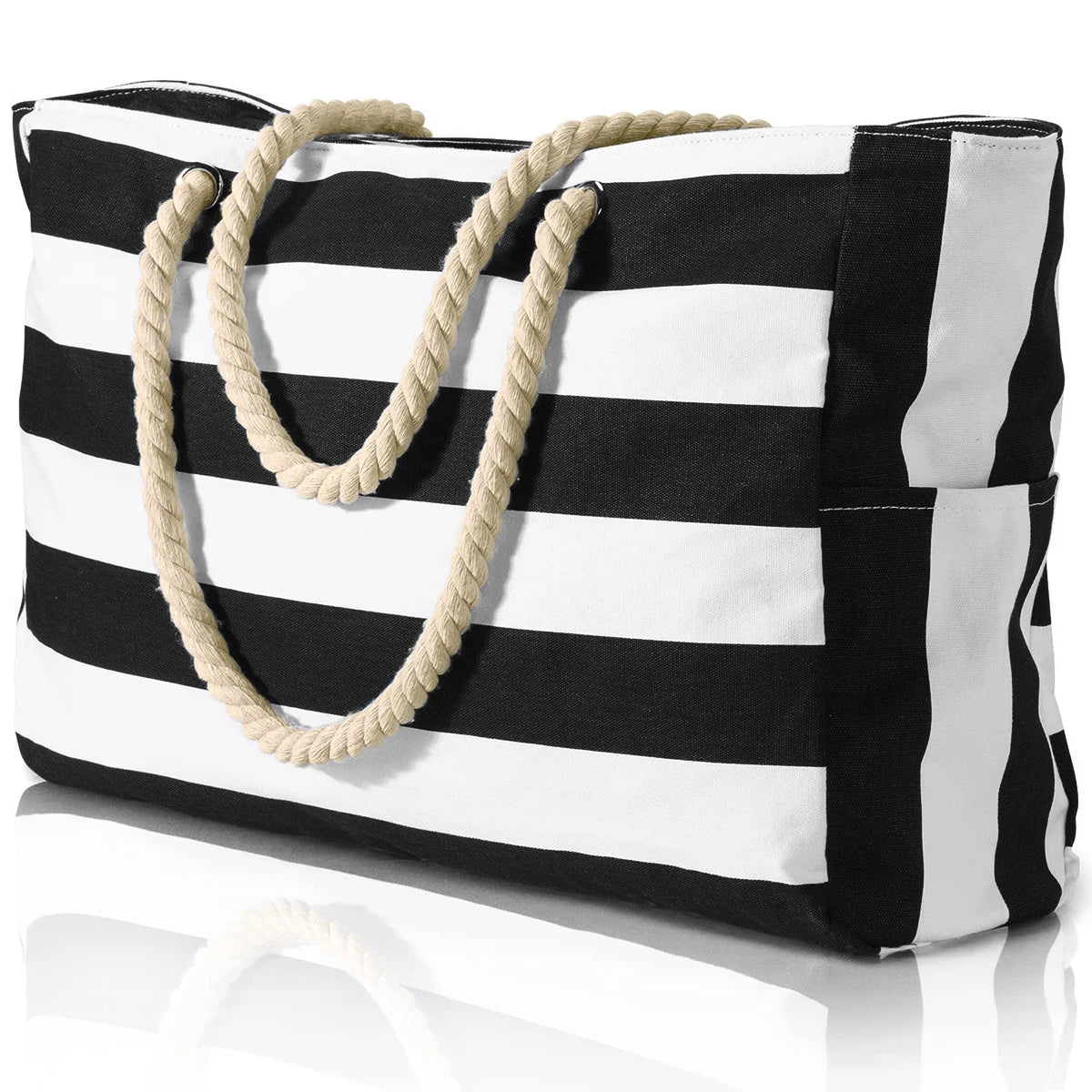 Portable Striped Tote Beach Bag with Zipper Closure