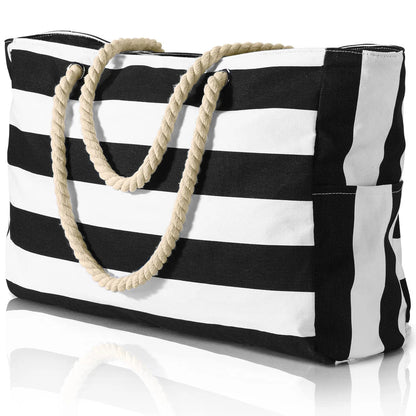 Portable Striped Tote Beach Bag with Zipper Closure
