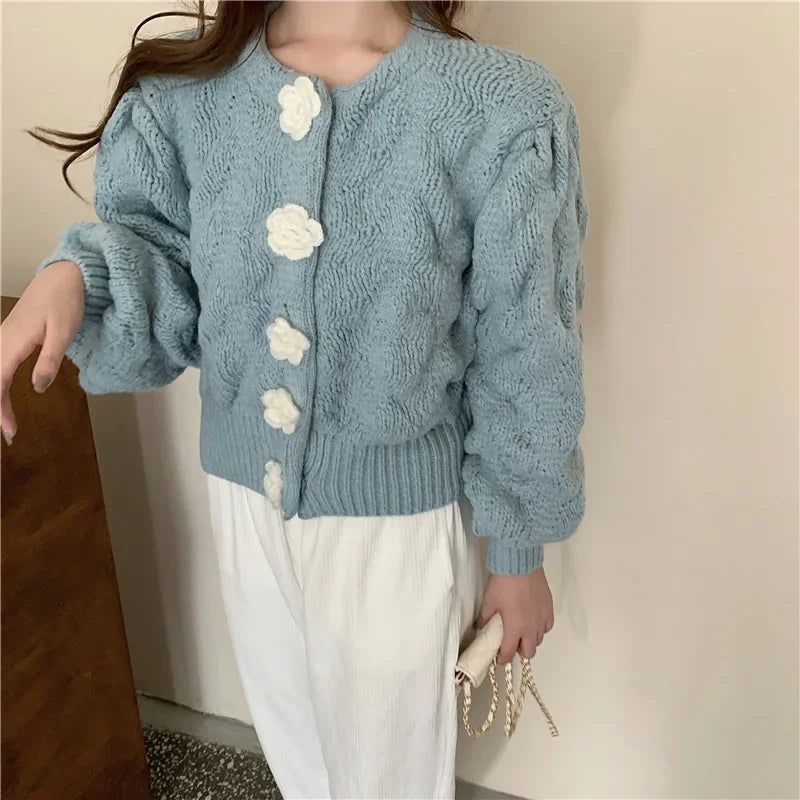 Cozy Fall Womens Knit Sweater - Puffy Sleeves