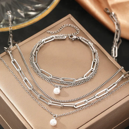 Elegant Multi Layer Pearl Chain Necklace Set