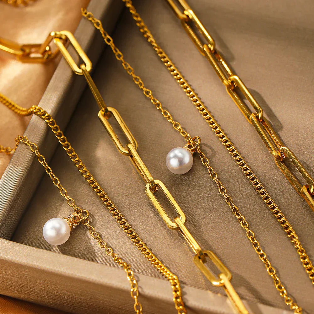Elegant Multi Layer Pearl Chain Necklace Set