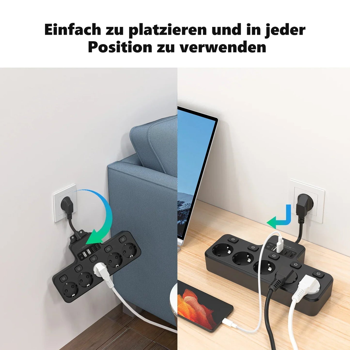 Space Saving EU Plug Extension with 5 Sockets and 4 USB
