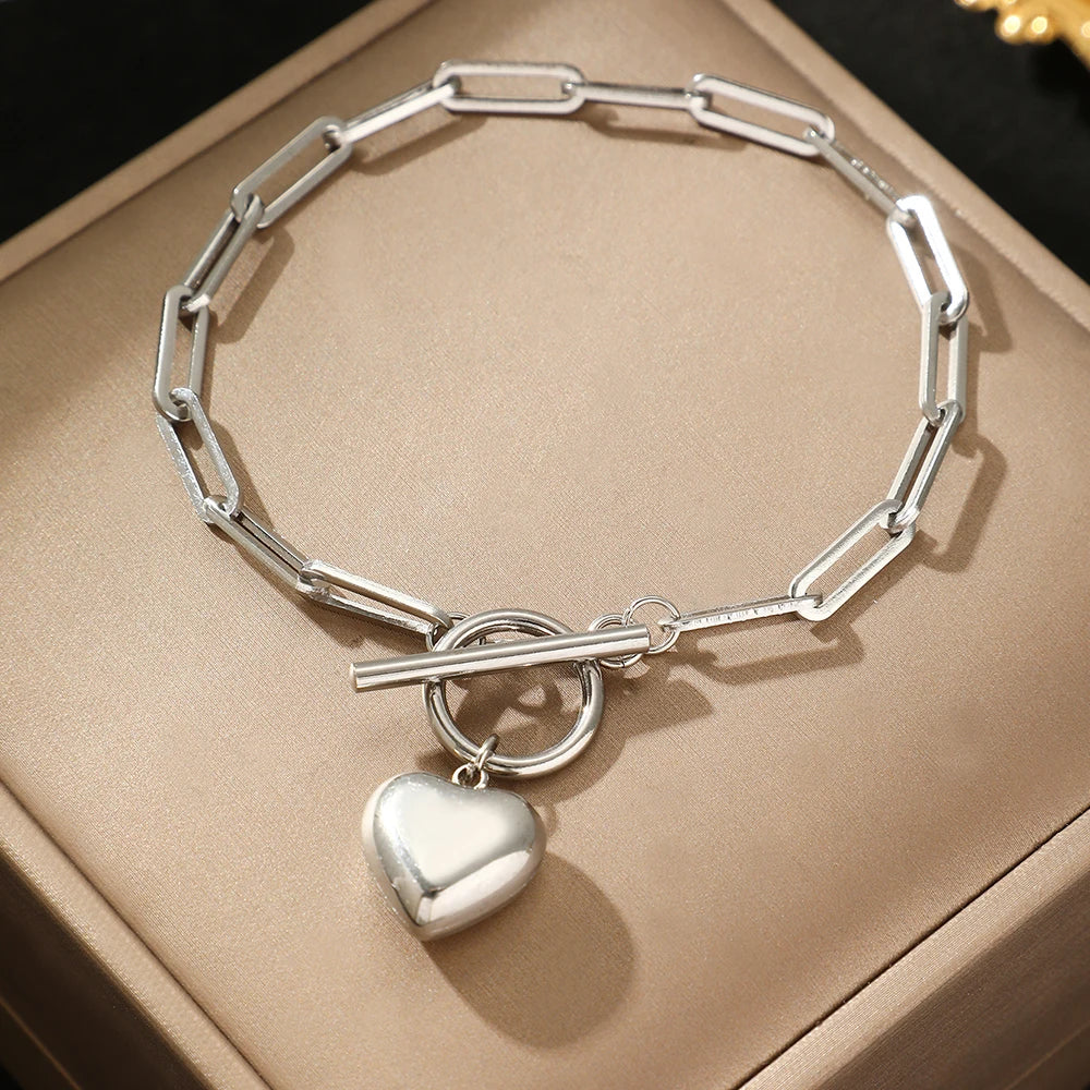 Lovely Heart Charm Paperclip Bangle