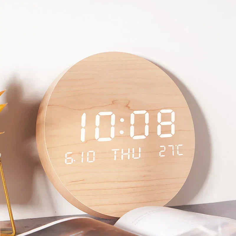 Natural Wood Alarm Clock with LED Screen