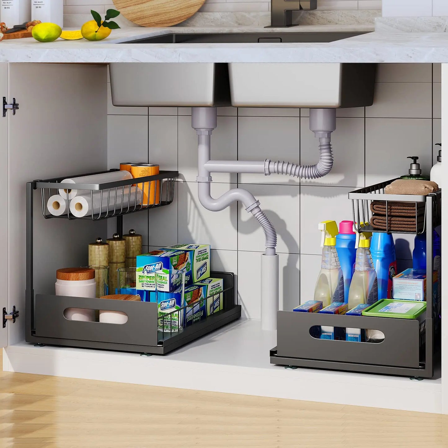 Space Saving 2 Tier Under Sink Storage Cabinet