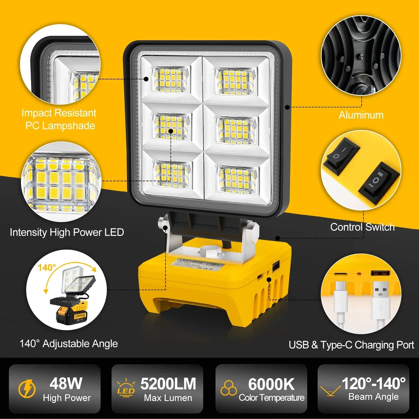 Bright 48 LED Rechargeable Work Spotlight