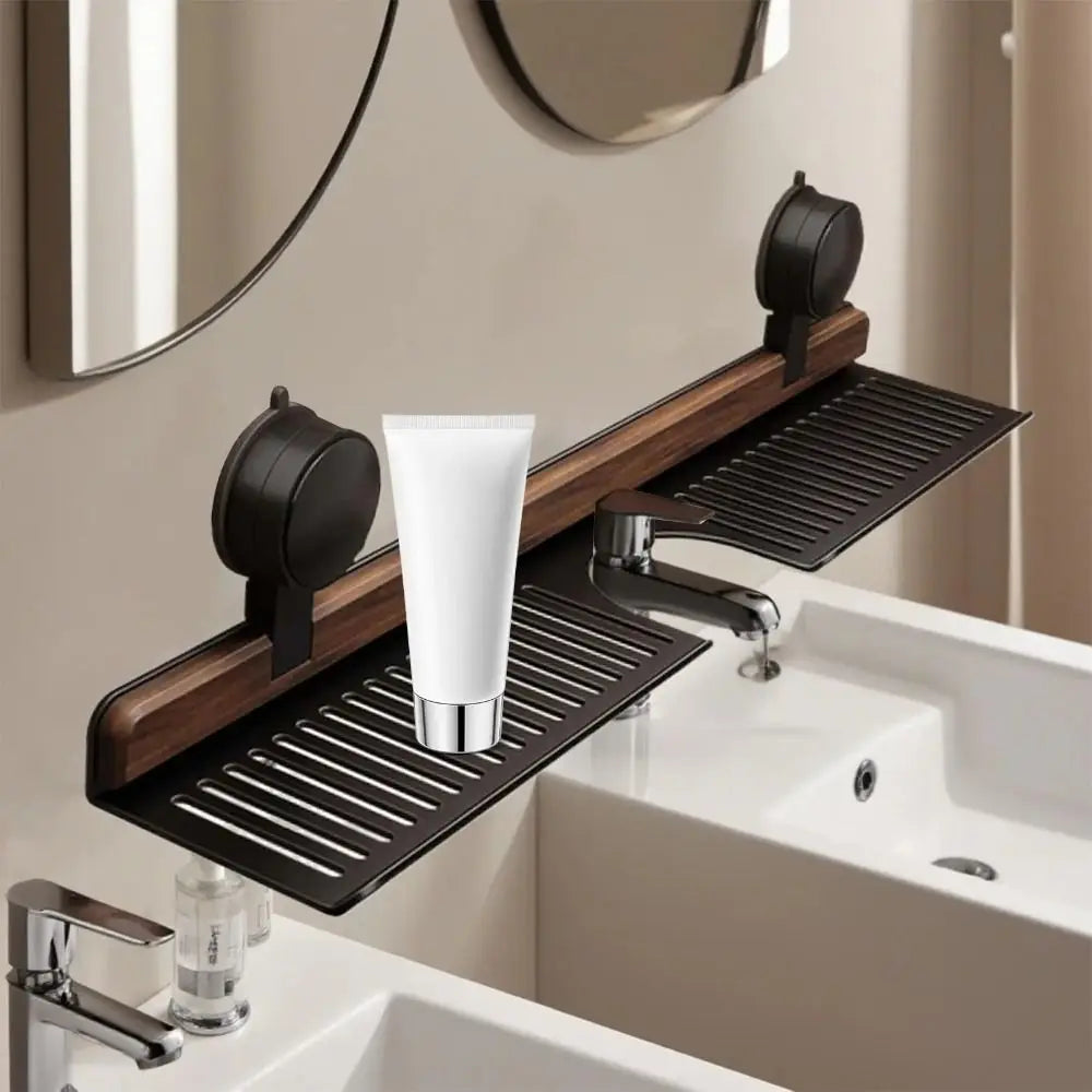 Space Saving Suction Cup Wooden Bathroom Shelf