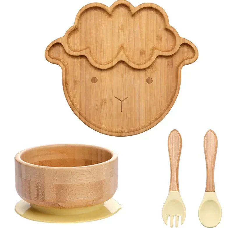 Natural Bamboo Baby Tableware Set with Suction Base