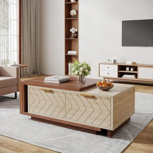 Compact Wooden Coffee Table with Storage Ottoman - Luxicro
