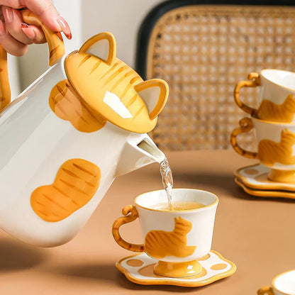 Vibrant Orange Kitty Ceramic Mug Coffee Set