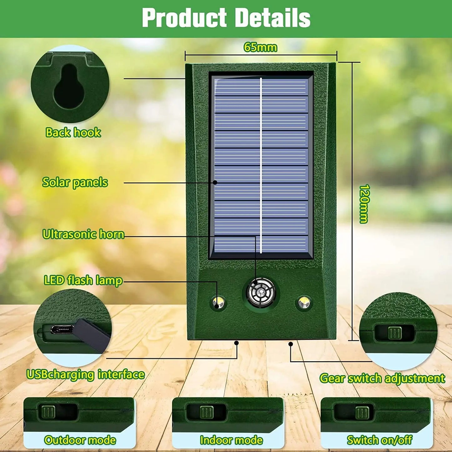 Outdoor Solar Powered Bird Repellent with LED Light
