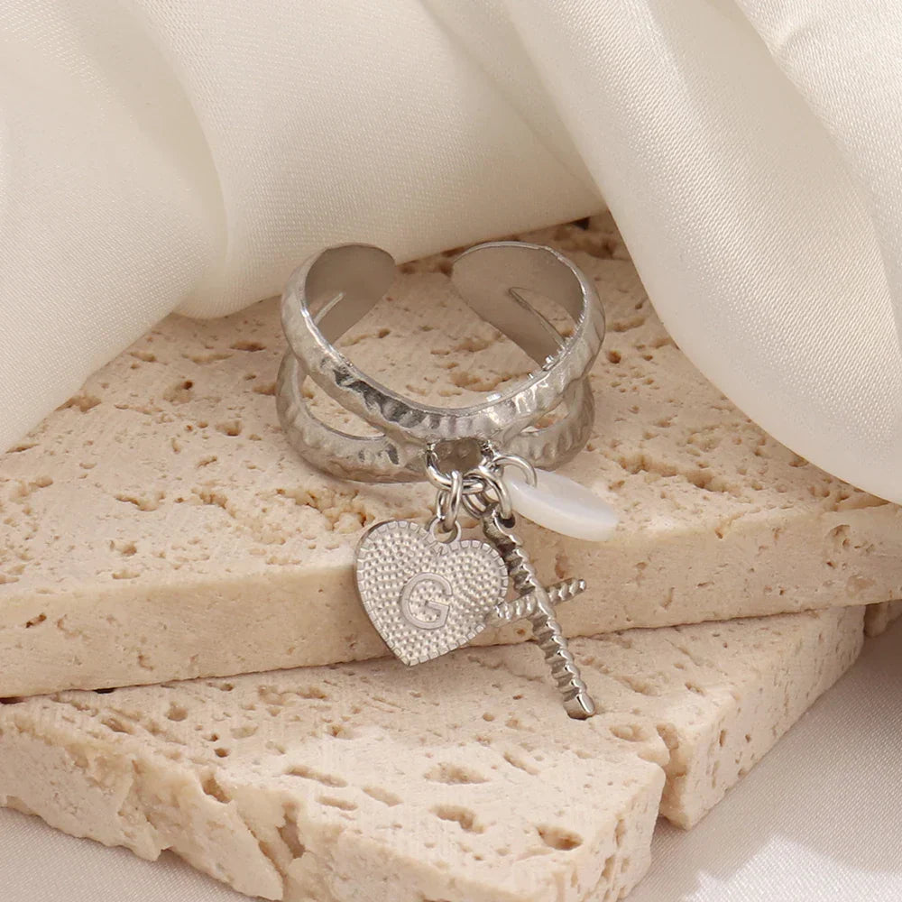 Dainty Heart Initial Pendant Necklace Ring