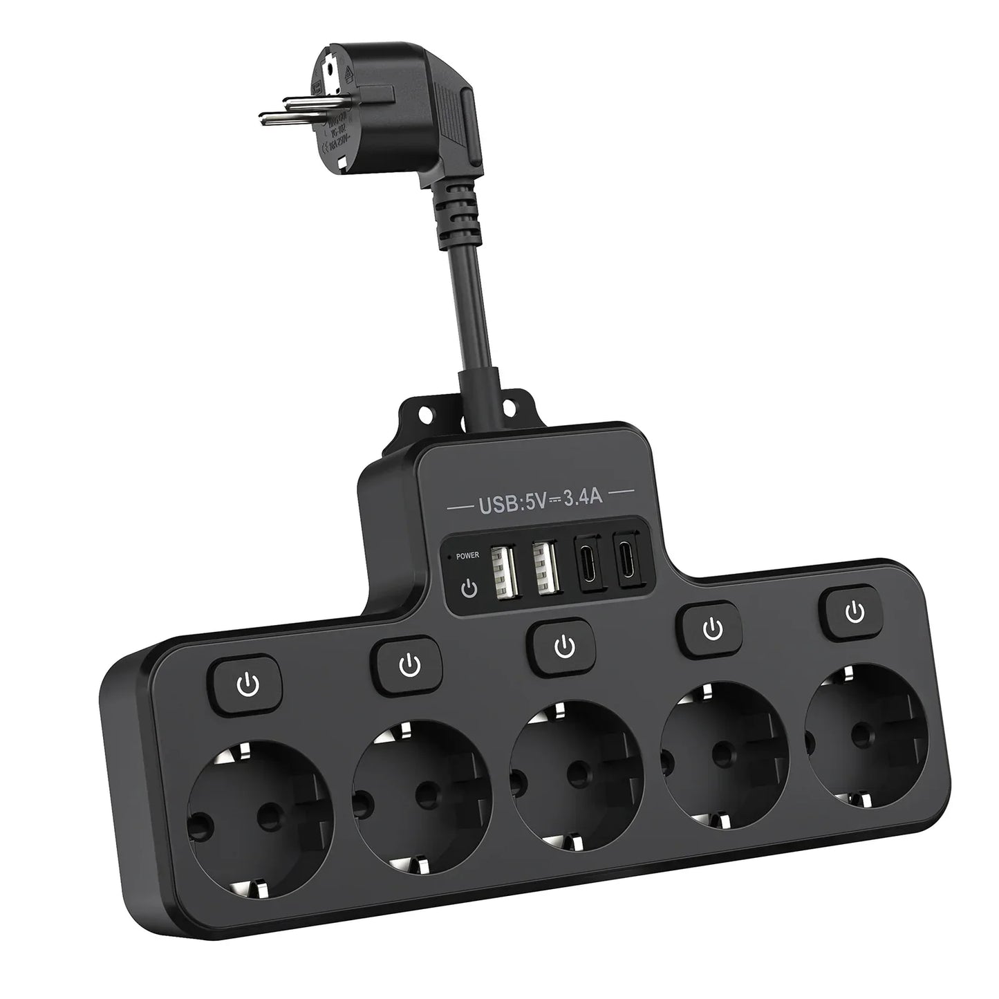Compact EU Power Strip with 5 Outlets and 4 USB Ports - Luxicro