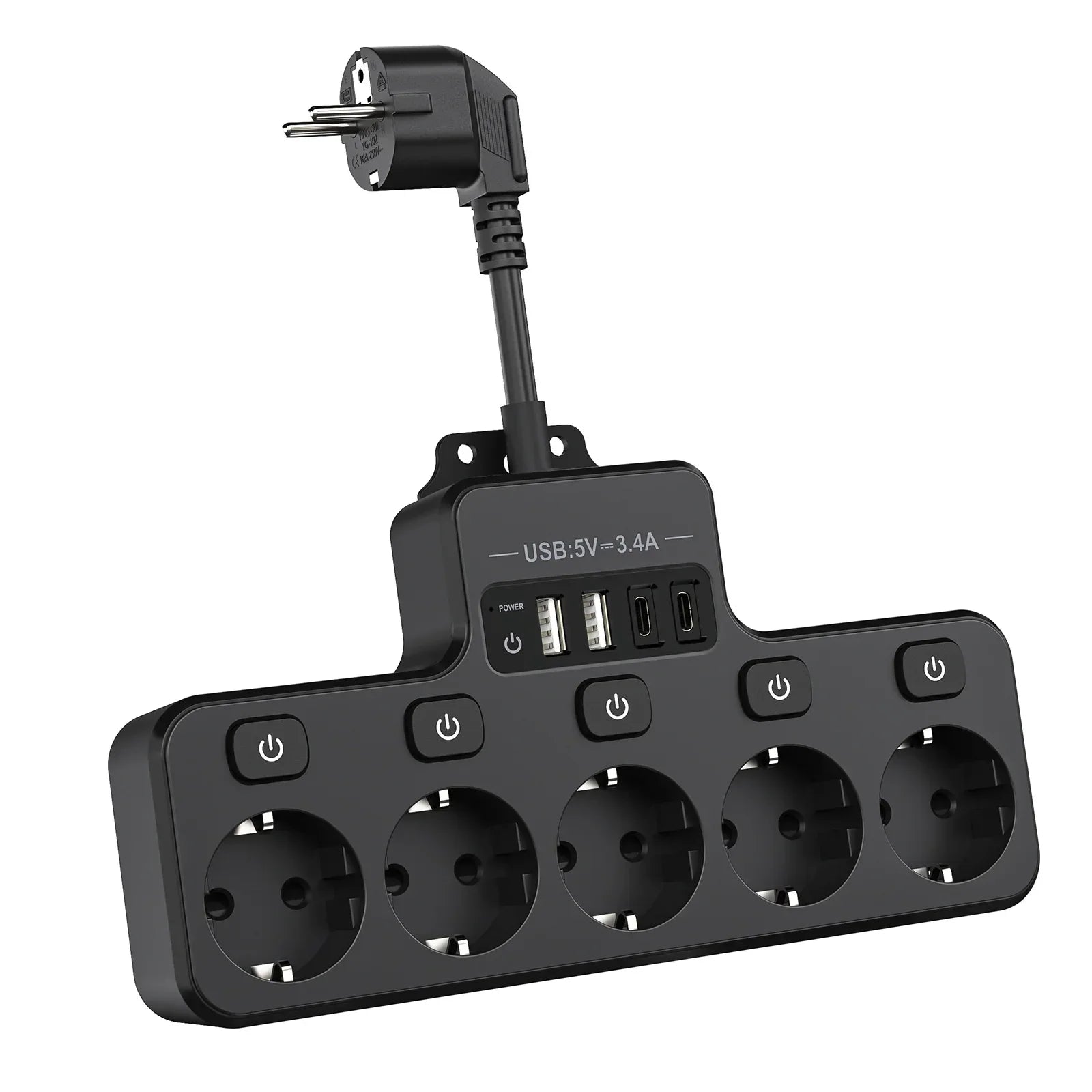 Compact EU Power Strip with 5 Outlets and 4 USB Ports - Luxicro