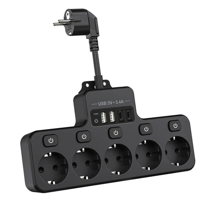 Compact EU Power Strip with 5 Outlets and 4 USB Ports - Luxicro