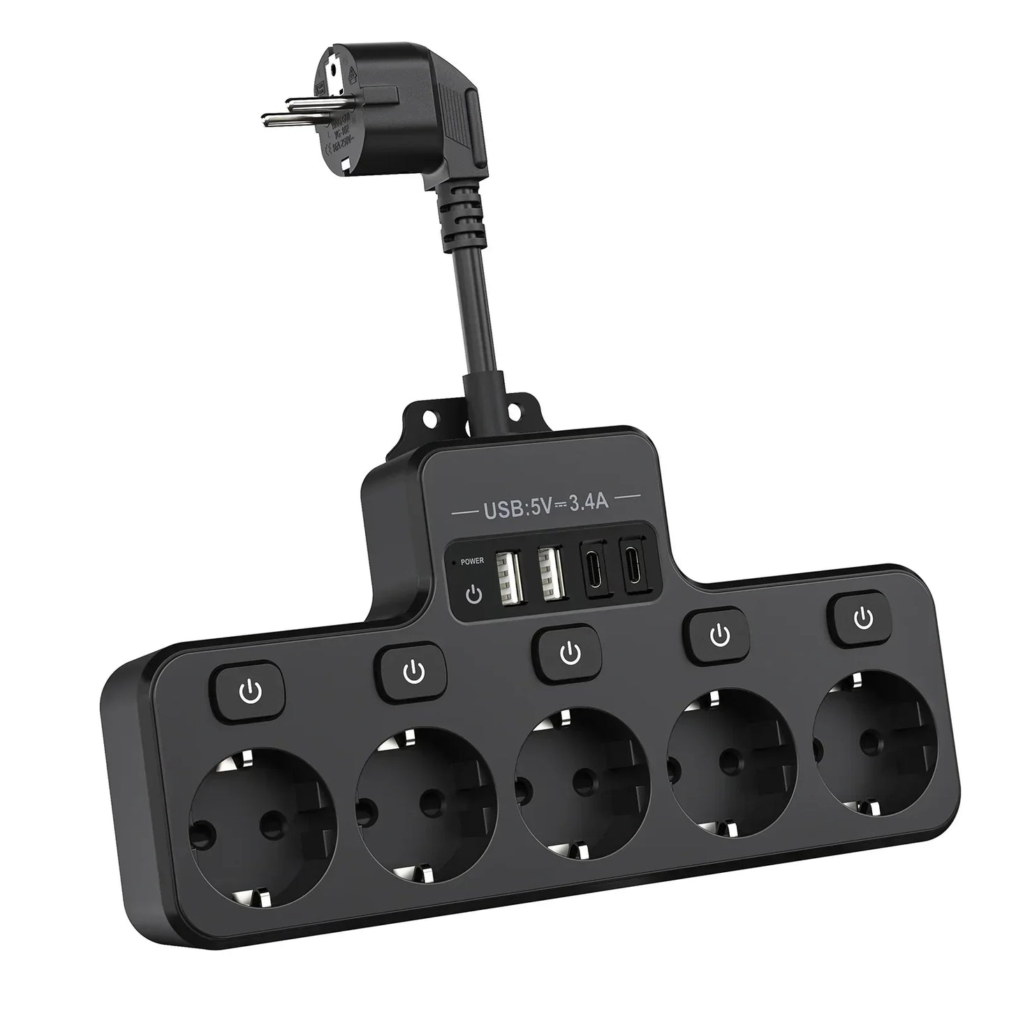 Space Saving EU Plug Extension with 5 Sockets and 4 USB - Luxicro