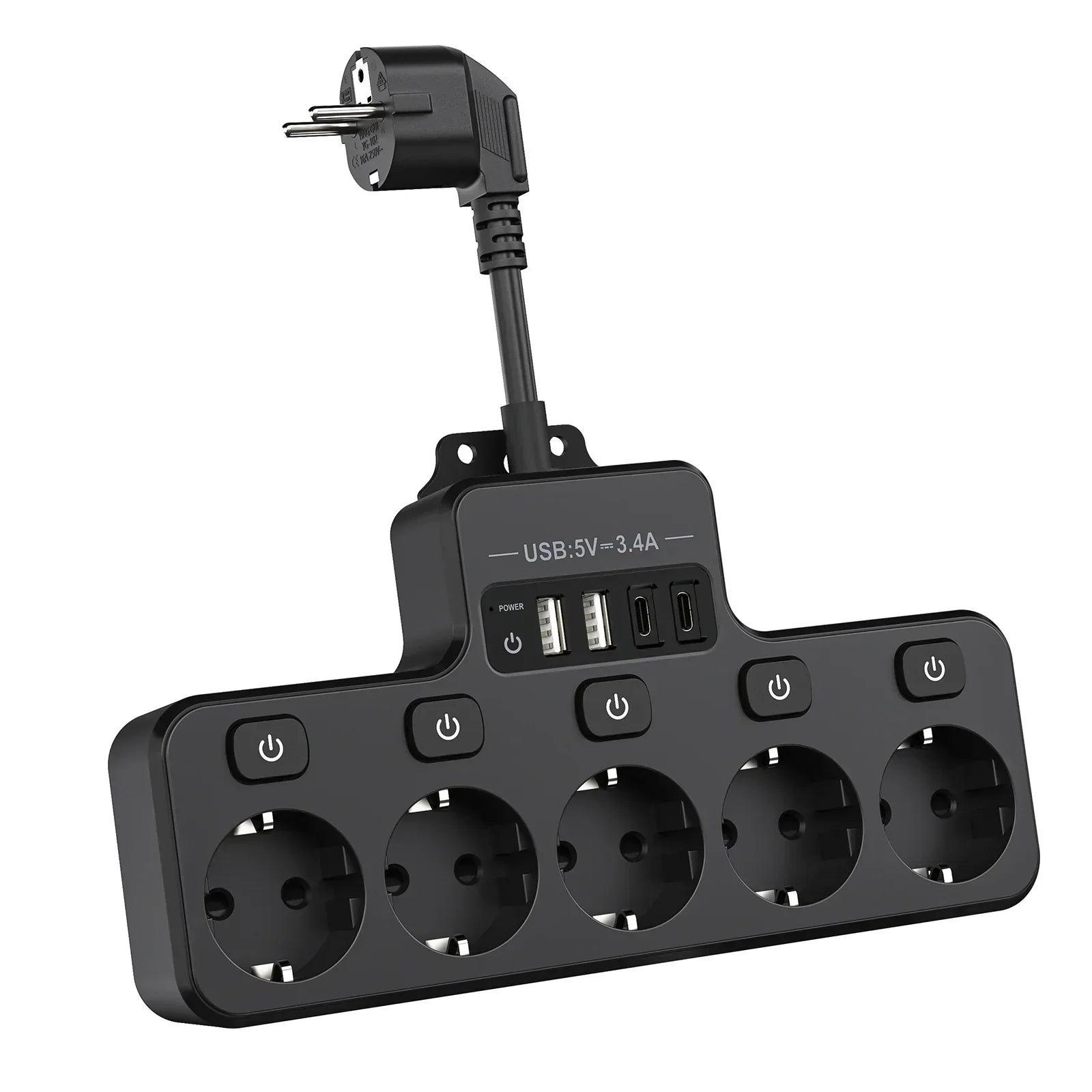 Space Saving EU Plug Extension with 5 Sockets and 4 USB - Luxicro