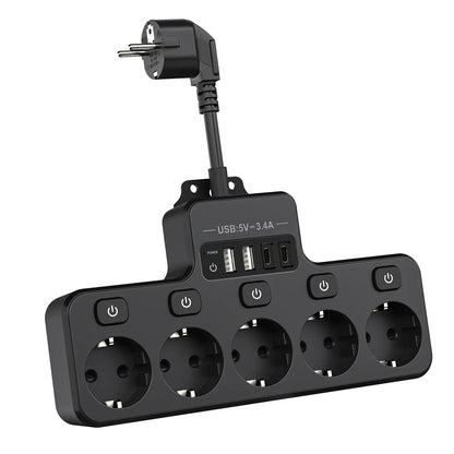 Space Saving EU Plug Extension with 5 Sockets and 4 USB - Luxicro