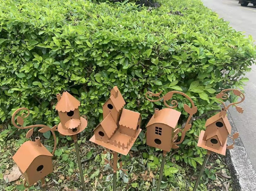 Decorative Metal Bird House on Garden Pole