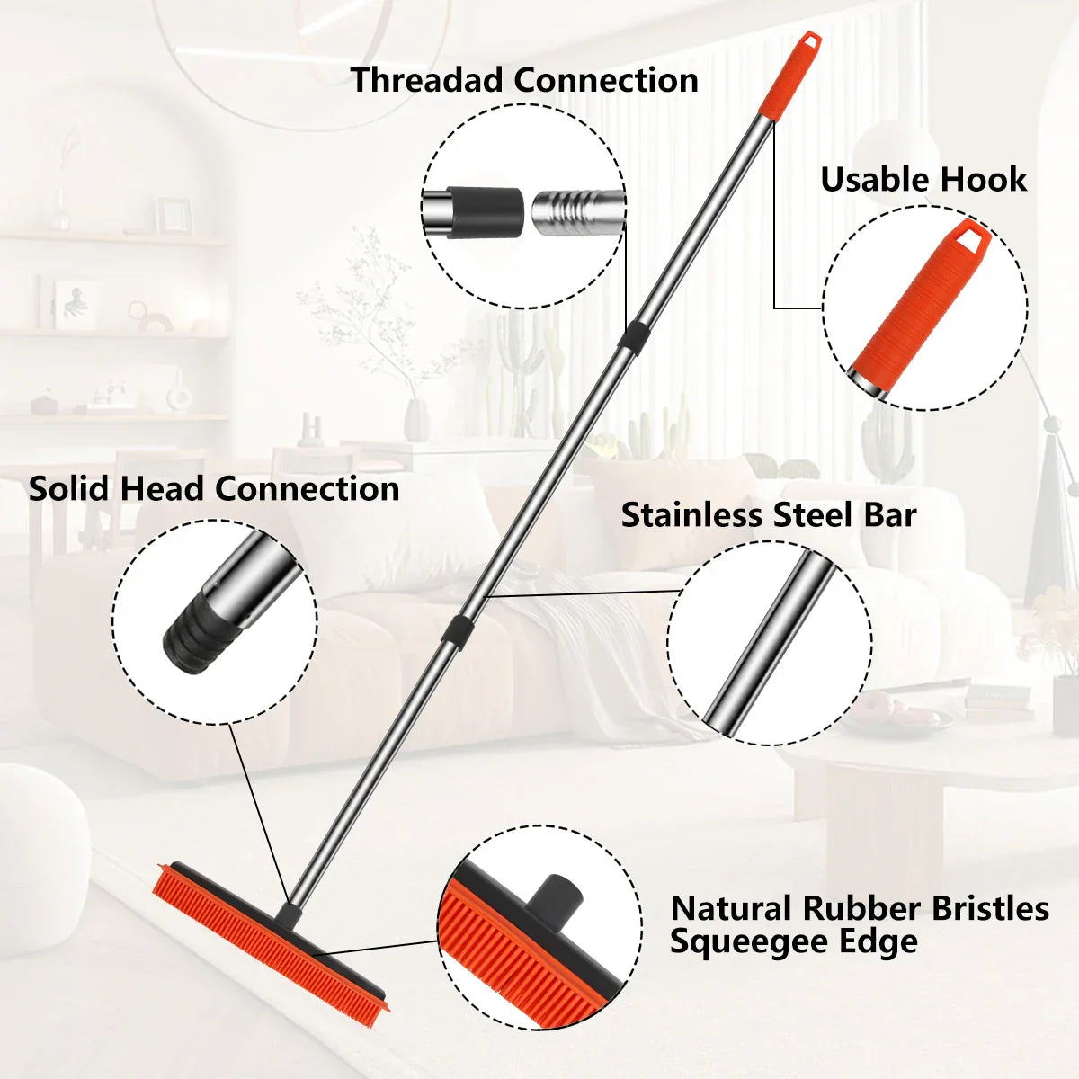 Pet Hair Rubber Broom Adjustable Sweep Tool