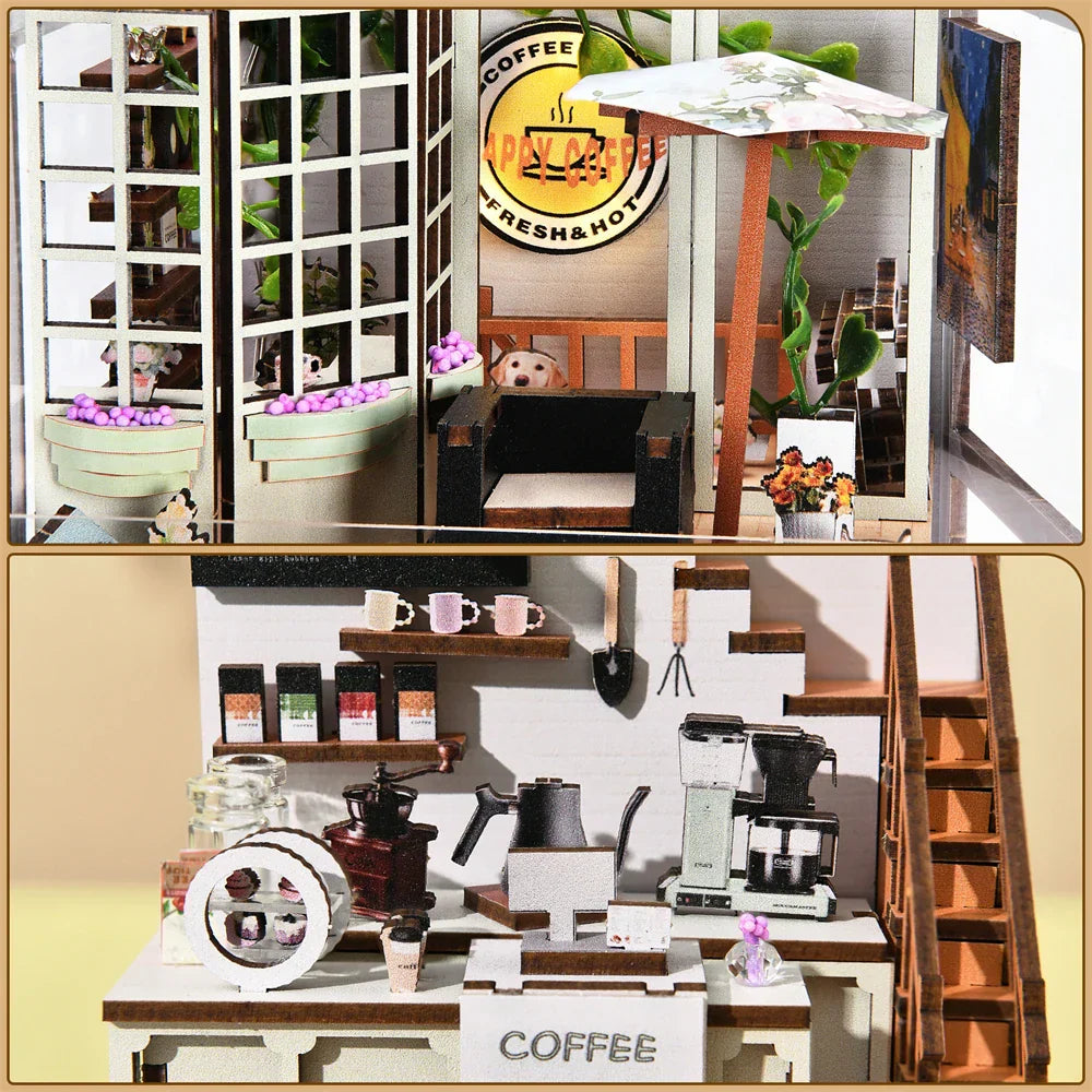 Cozy Mini Coffee Shop 3D Wooden Book Box with LED Light