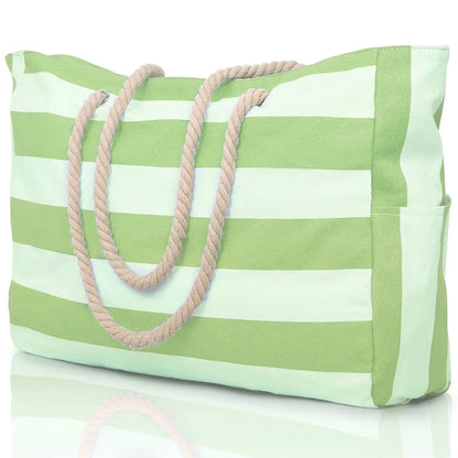 Portable Striped Tote Beach Bag with Zipper Closure