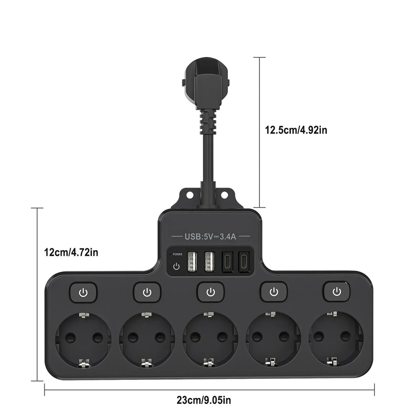 Space Saving EU Plug Extension with 5 Sockets and 4 USB