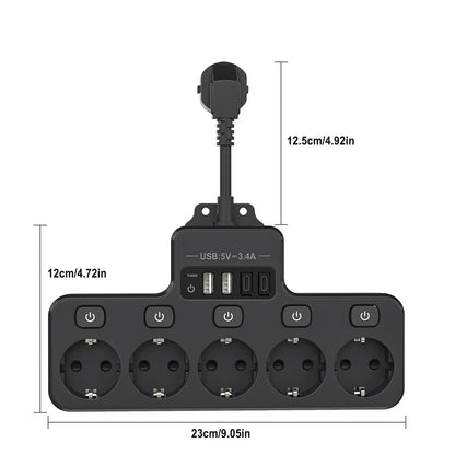 Space Saving EU Plug Extension with 5 Sockets and 4 USB