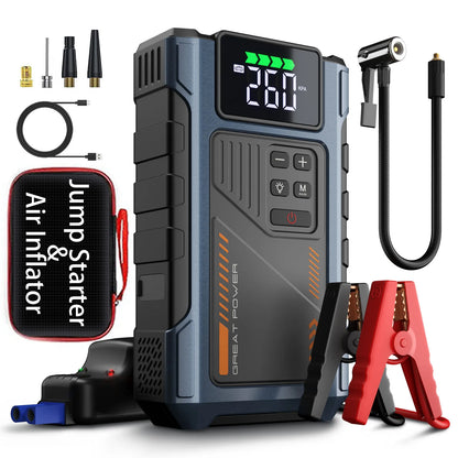 Compact Car Jump Starter with Air Pump & LED Light