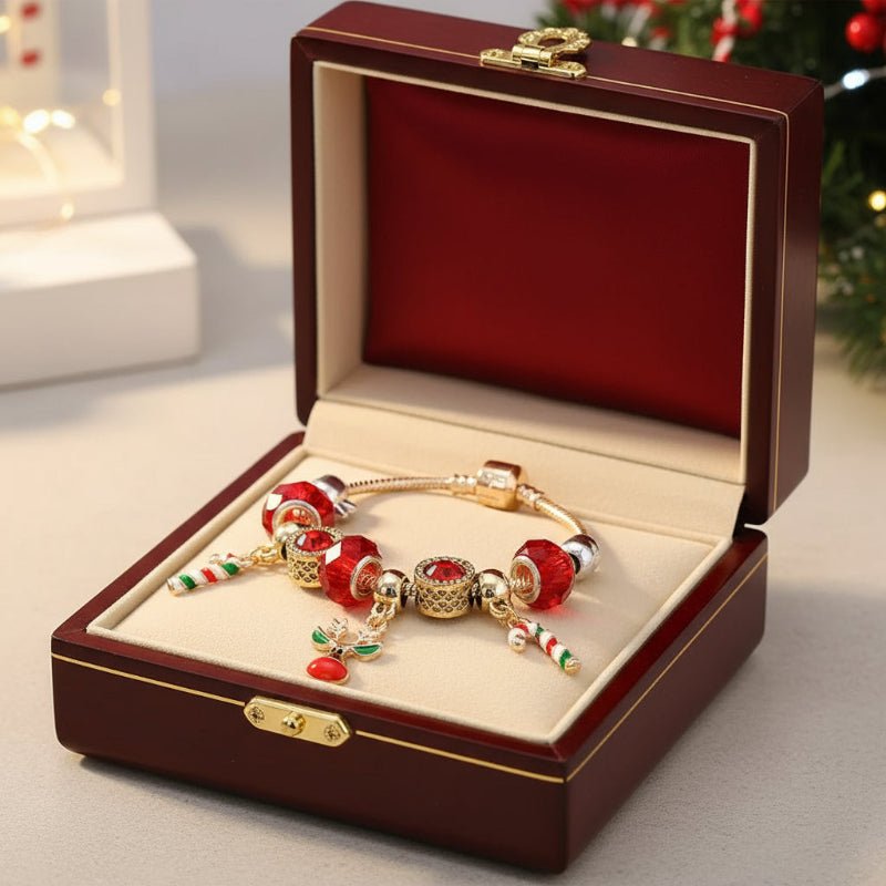 Christmas Red Beaded Candy Cane Silver Charm Bracelet - Luxicro