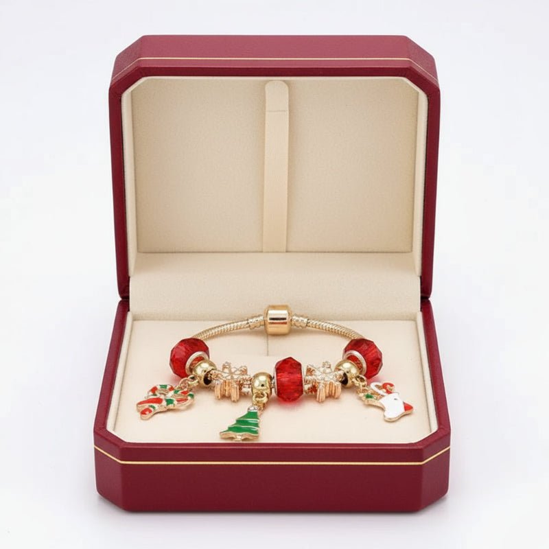 Christmas Red Beaded Candy Cane Silver Charm Bracelet