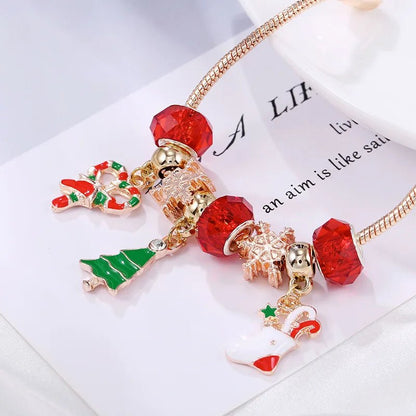 Christmas Red Beaded Candy Cane Silver Charm Bracelet