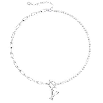 Custom Monogram Pendant Necklace with White Pearl Chain