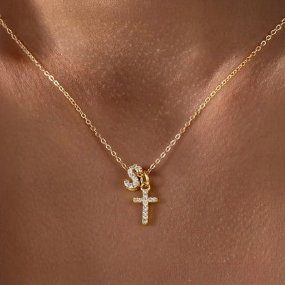 Delicate Diamond Letter & Cross Pendant Necklace