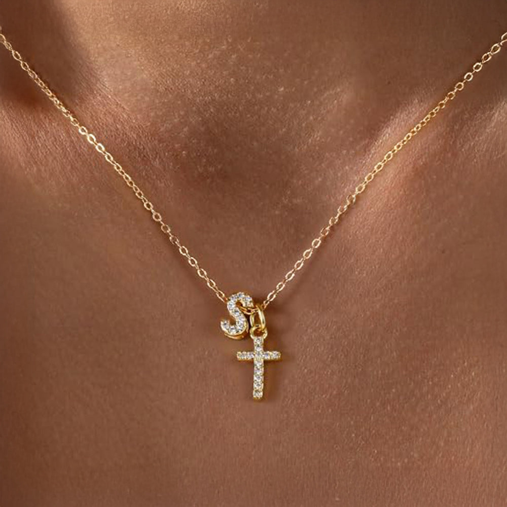 Dainty Monogram and Cross Diamond Chain Necklace