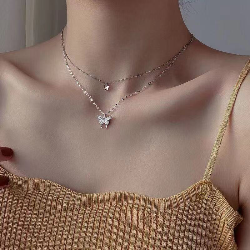 Elegant Feather Double Layer Silver Necklace