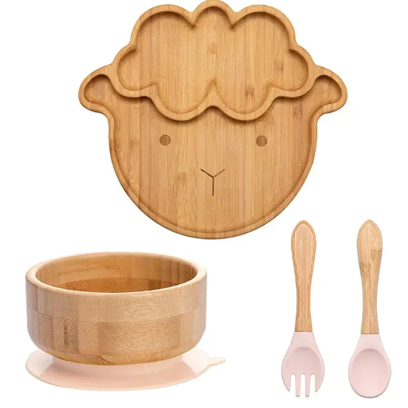 Natural Bamboo Baby Tableware Set with Suction Base