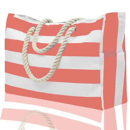 Portable Striped Tote Beach Bag with Zipper Closure