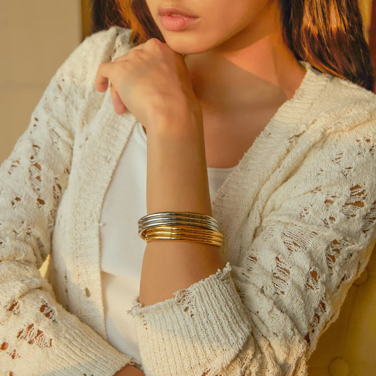 Luxury Triple RowGold Tone Cuff Bangle