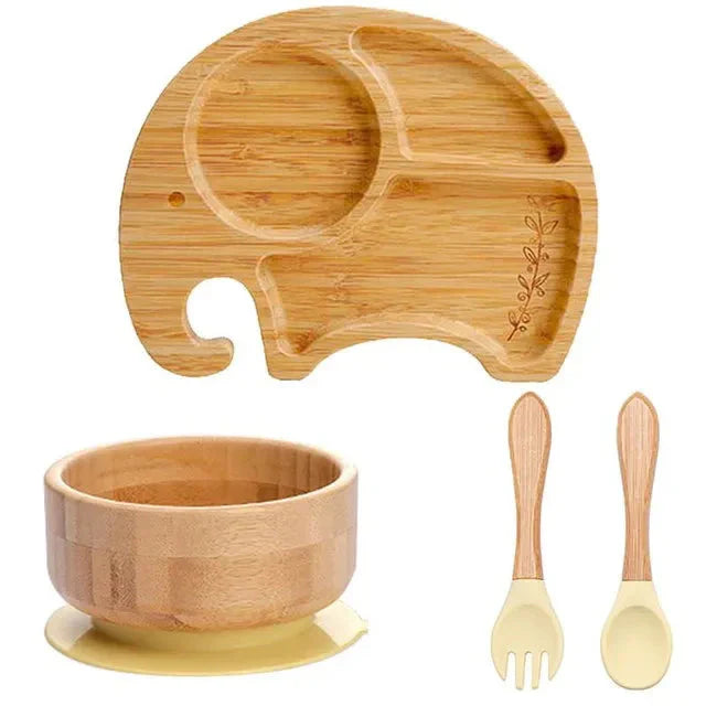 Natural Bamboo Baby Tableware Set with Suction Base