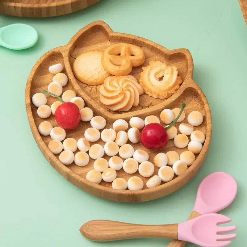 Natural Bamboo Baby Tableware Set with Suction Base