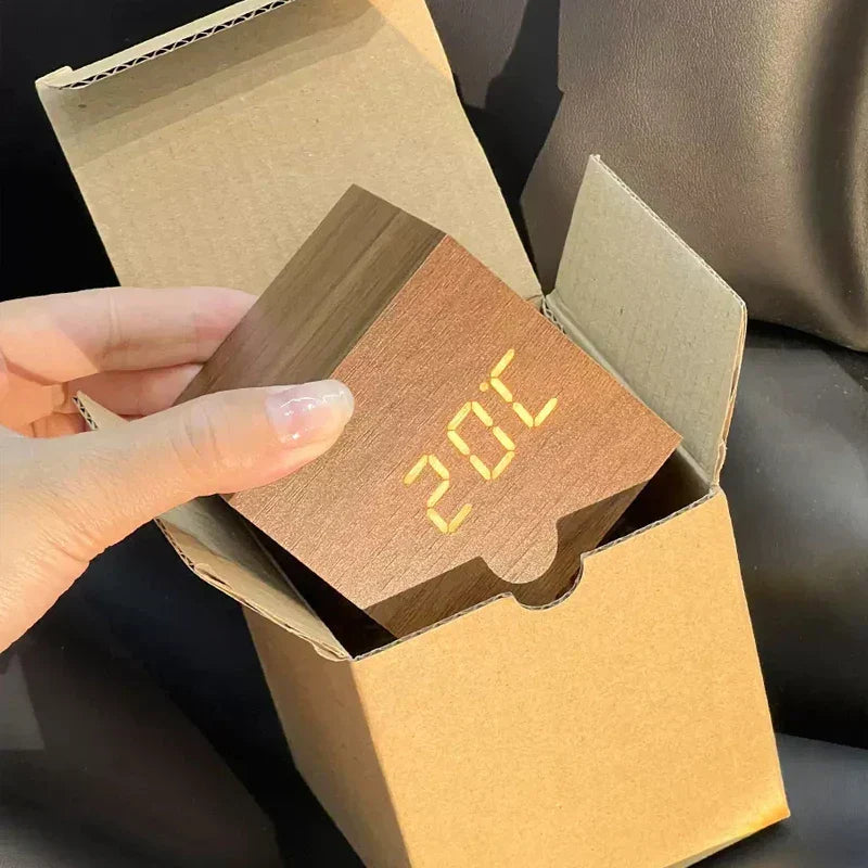 Compact Wood LED Clock with Temp Display