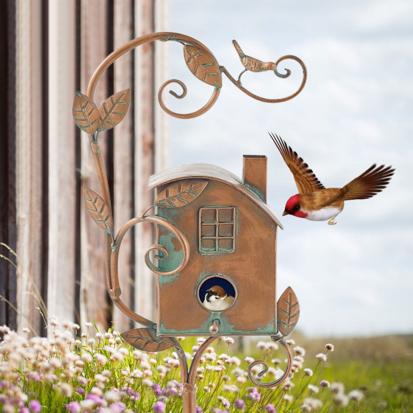 Decorative Metal Bird House on Garden Pole